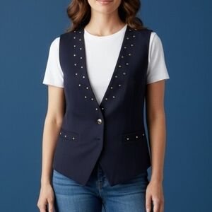VTG REGAL Navy Blue Gold Bedazzled Collared One Button Waistcoat Vest
